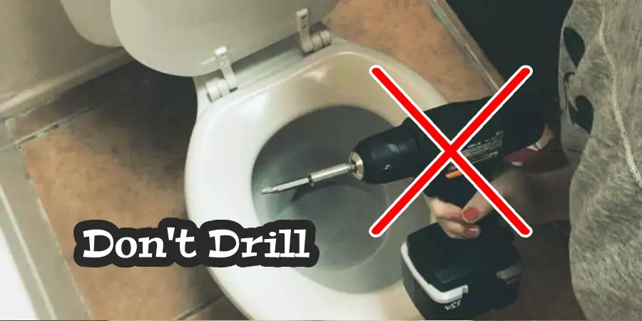 One is seen holding a black drill machine with a toilet seat. Above the pictures have a cross symbol