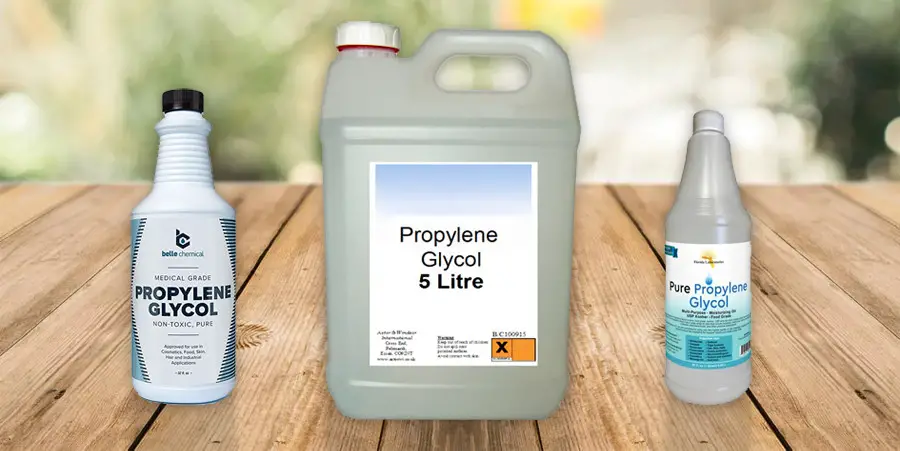 3 bottle of Propylene Glycol on bench  