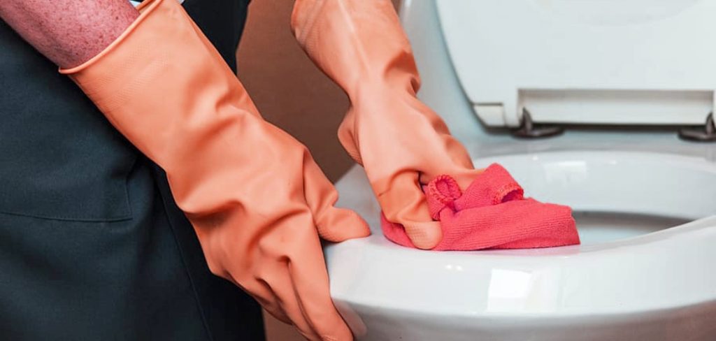 Cleaning toilet bowl with red color rug &Wearing Orange Color goves