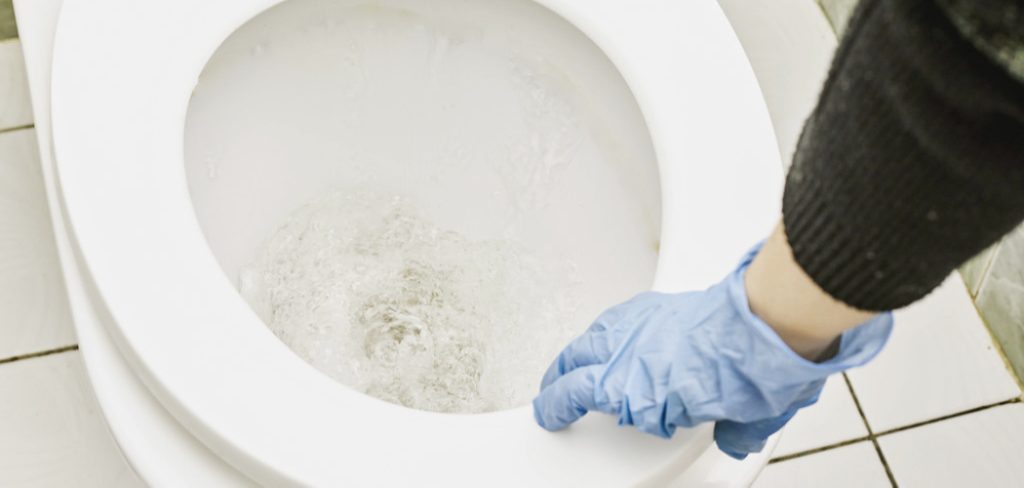 A female in blue gloves cleaning toilet