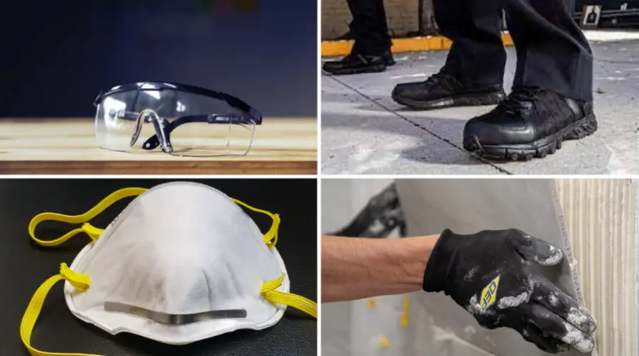 Safety Glass, Working Gloves, Mask, and Shoes