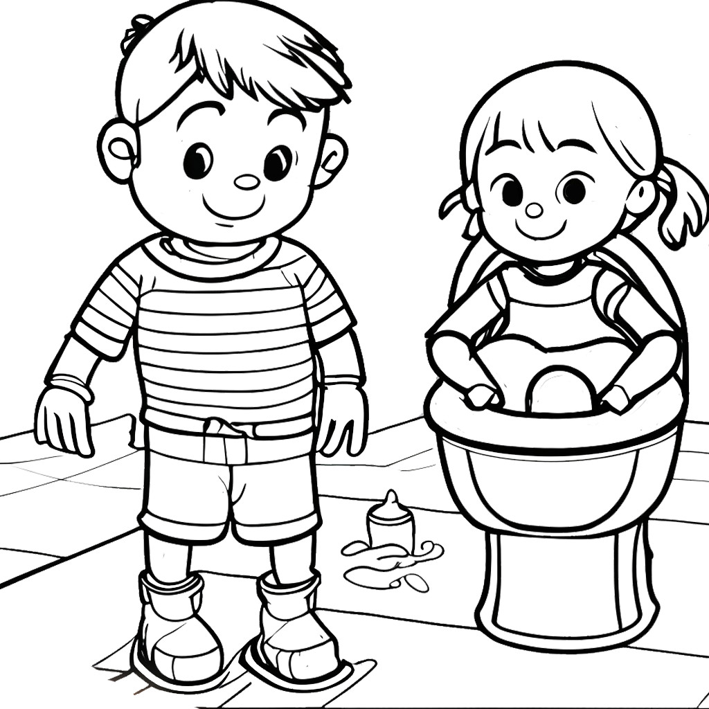 In this coloring page, a girl is sitting on a baby commode and a boy is standing next to it