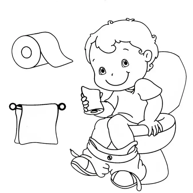 In this coloring page, a child is sitting on a commode with toilet paper in hand