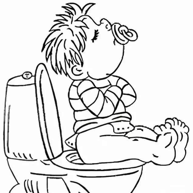 In this coloring page, a baby is sitting on a commode with a nipple in its mouth