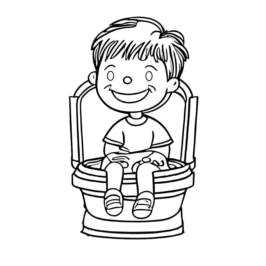 In this coloring page, a baby child sits on a commode facing right