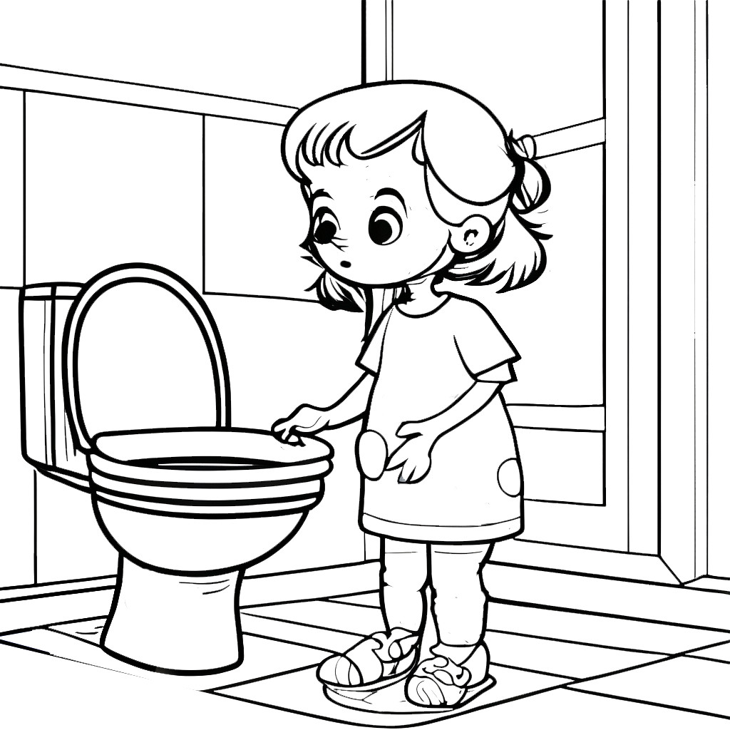 In this coloring page, a baby girl looks inside a baby commode
