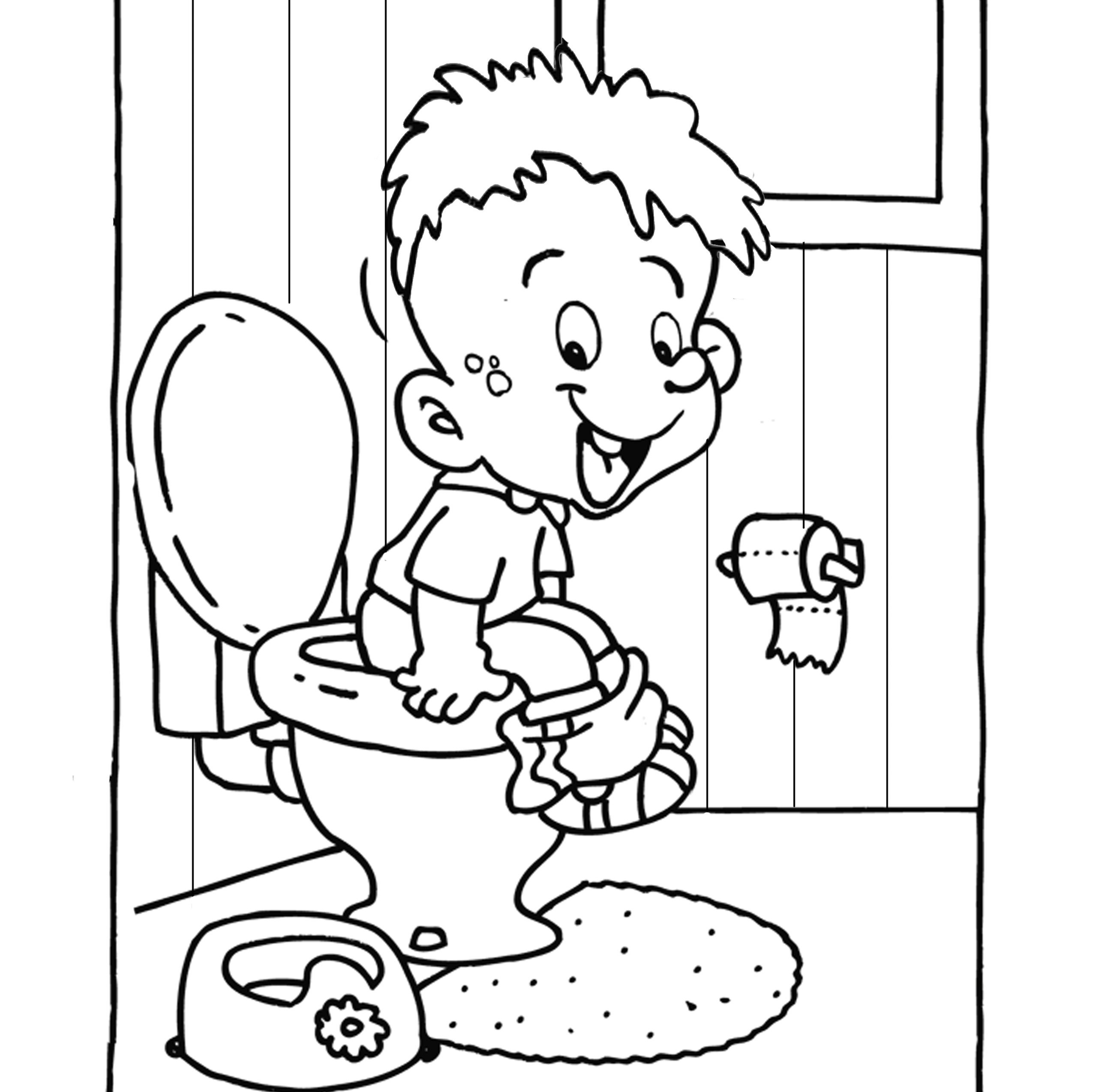 A child sits on a commode and smiles at this coloring page