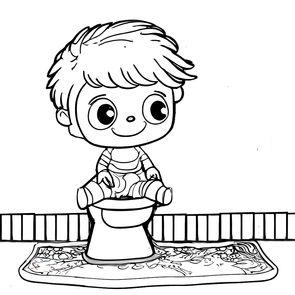 In this coloring page, a baby child sits on a commode facing left