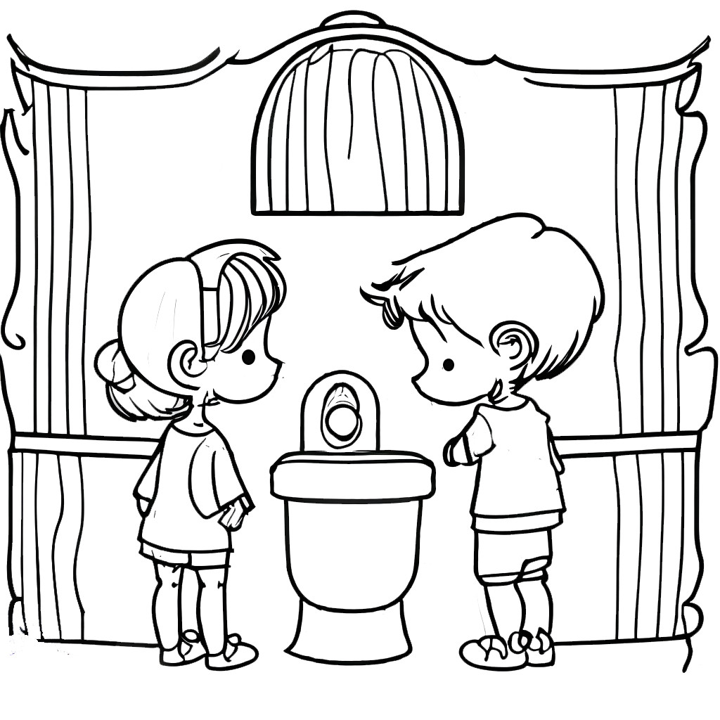 In this coloring page,2 boy and girl looks inside a baby commode
