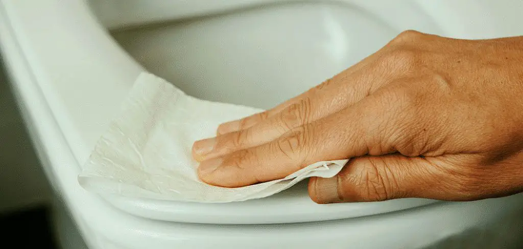 Wiping the plastic toilet seat with a tissue